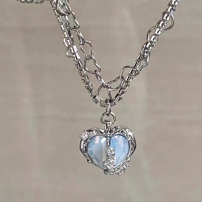 Vòng cổ/ Khuyên Tai Nhiều Lớp Mặt Trái Tim Đính Đá Opal Màu Xanh Dương Nhạt Phong Cách Ngọt Ngào Cho Nữ