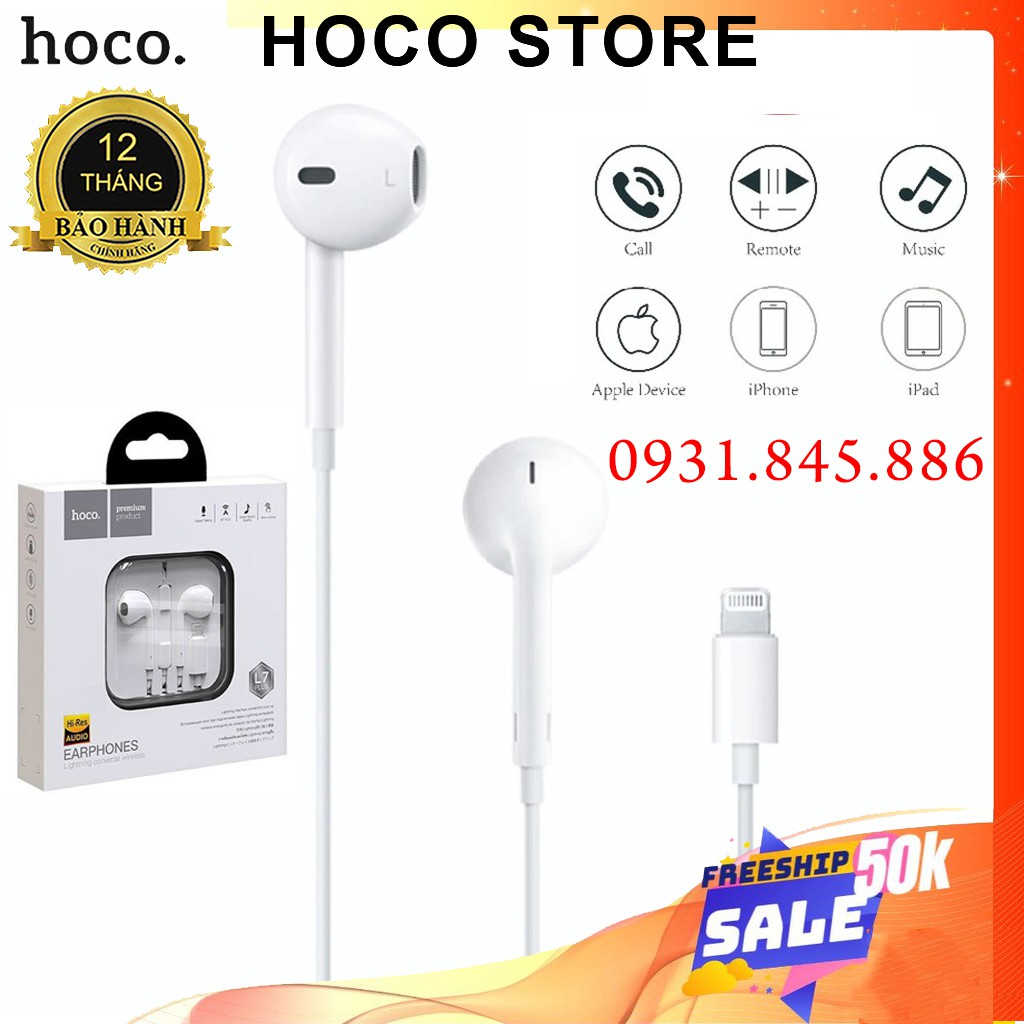 Tai Nghe IPhone 12 13 Promax Âm Thanh Hay Hoco L7 Plus Cổng Lightning cho IPhone 6 6s 7 8 Plus X XR Xs Max 11 Chính Hãng