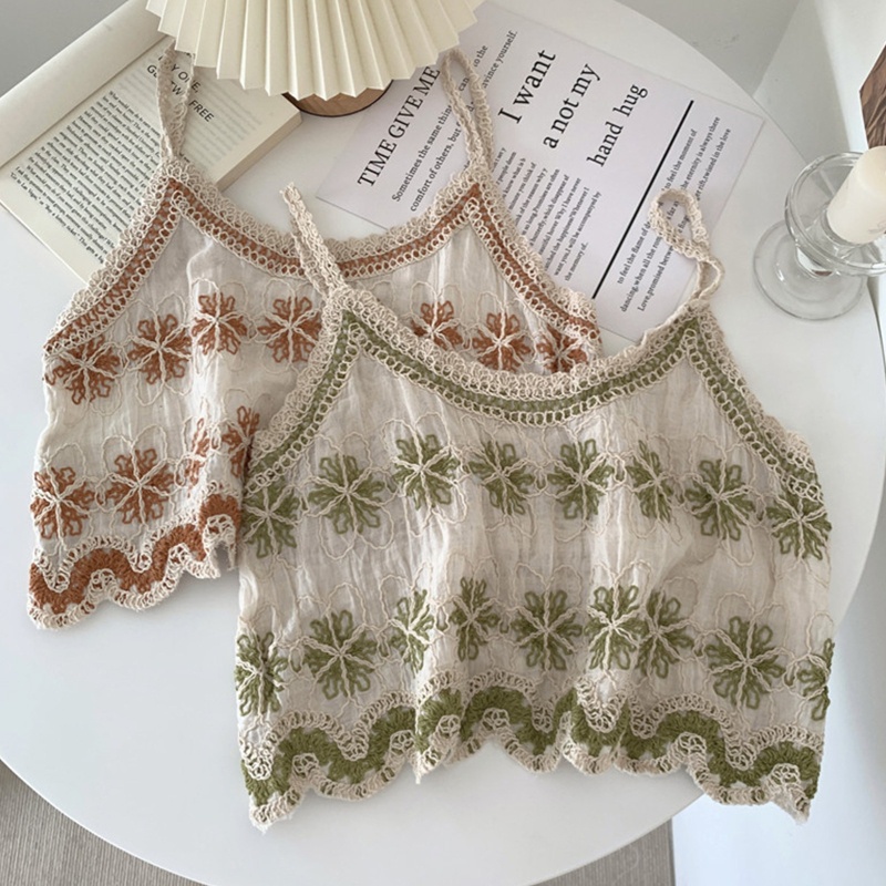 Áo Croptop Hai Dây Dệt Kim Vải Cotton Lanh Thêu Hình Trái Tim Kiểu Vintage Thời Trang Mùa Hè Cho Bạn Gái