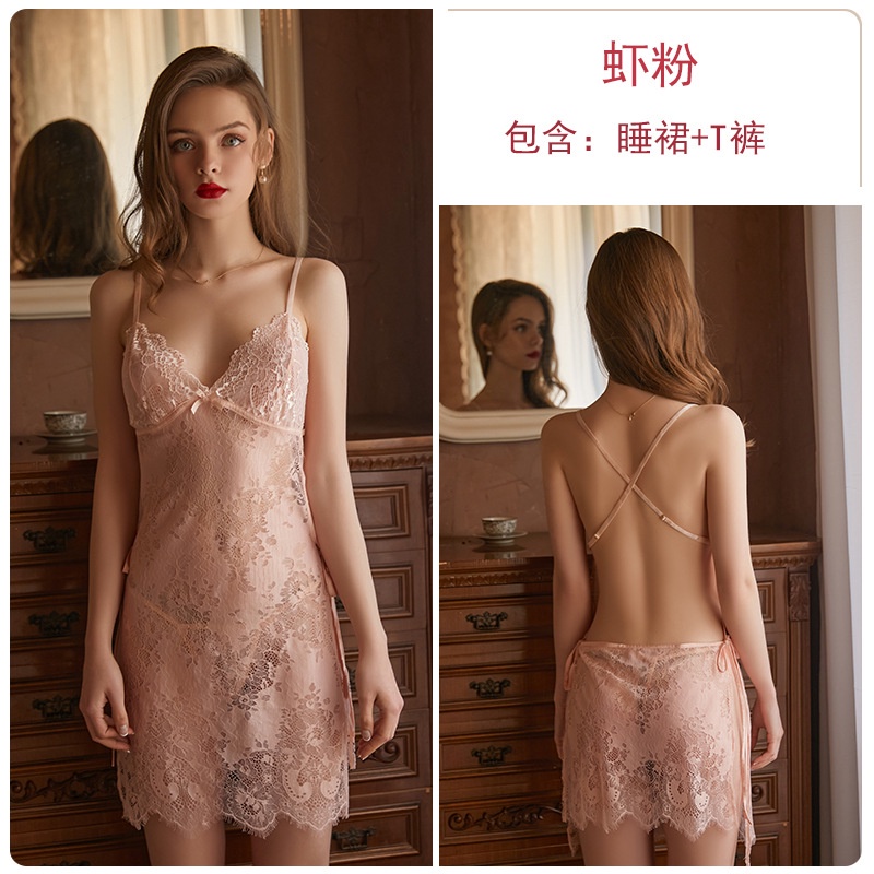 Đồ ngủ Hai Dây Phối Ren Cổ Chữ V Khoét Sâu + Quần Lót Lưng Trần Quyến Rũ Cho Nữ