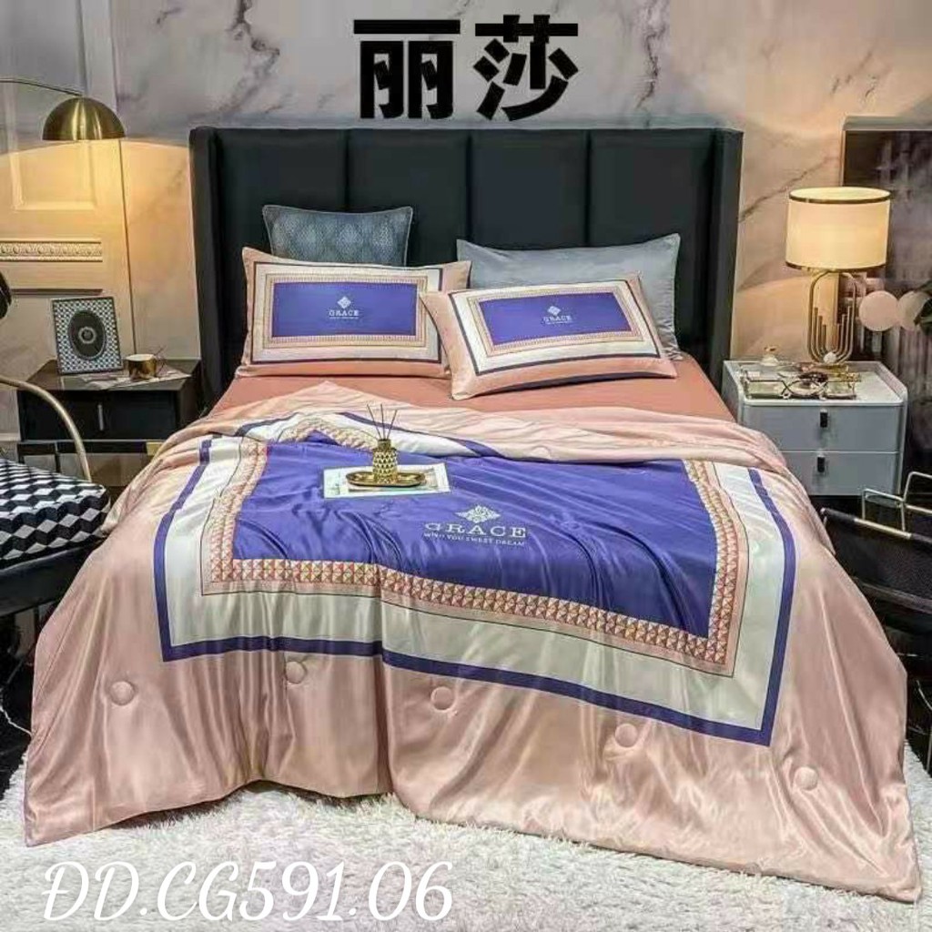 Bộ chăn ga gối lụa satin họa tiết hoàng gia