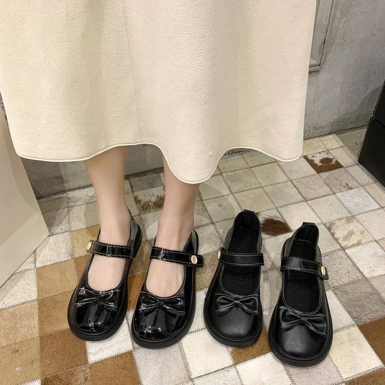 Giày Lười Mũi Tròn Đính Nơ Màu Đen Dễ Thương Cho Nữ