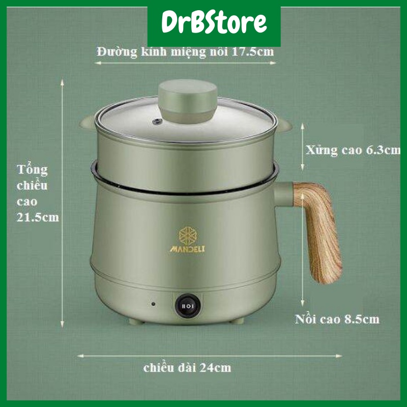 Nồi lẩu điện mini đa năng 2 tầng Mandeli 1,6L kèm giá hấp  Ca nấu mì, nấu cơm cầm tay DrbStore