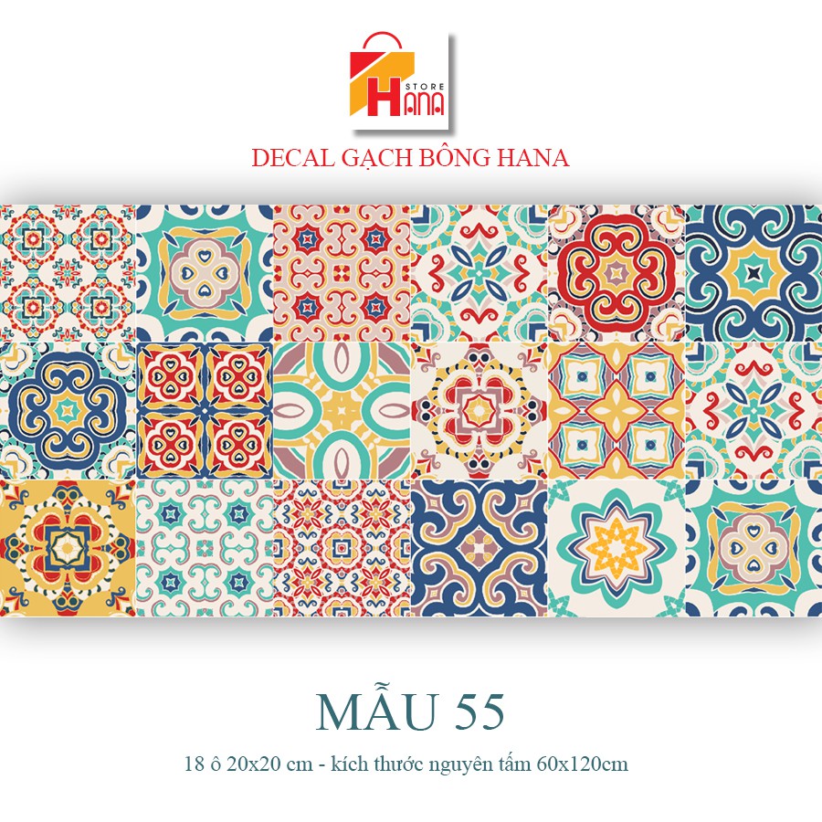 Set 32 ô Decal gạch bông 15cm hoặc 18 ô 20cm - KT: 60x120cm