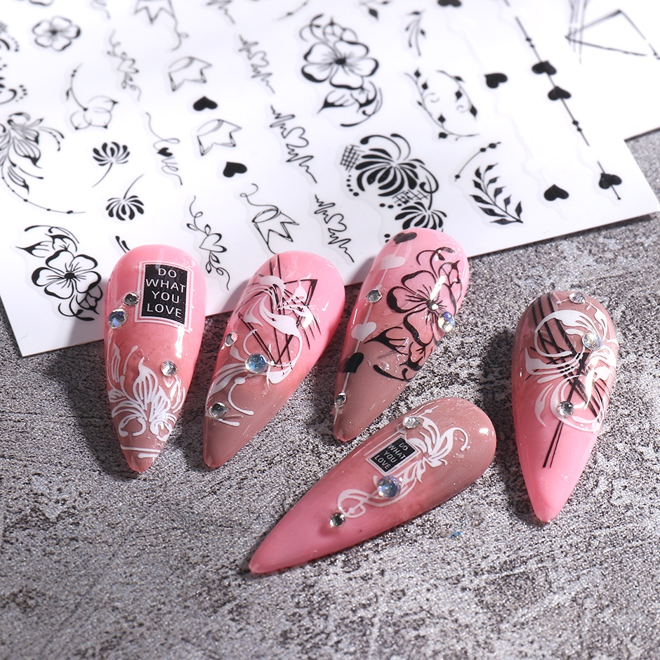 Miếng dán trang trí móng tay nghệ thuật STZPRONAIL kiểu dáng hoa lá 3D màu đen trắng thời trang xinh xắn