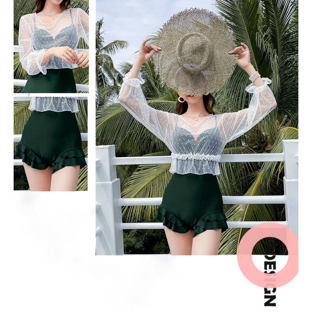 Bộ đồ bơi bikini nữ một mảnh liền thân đi tắm biển kèm áo croptop ren trắng chấm bi tiểu thư hot trend 2021