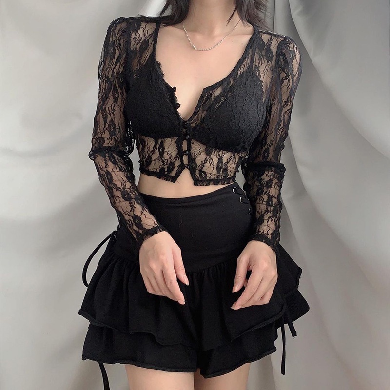Áo croptop ren xuyên thấu tay dài cổ chữ V quyến rũ cho nữ