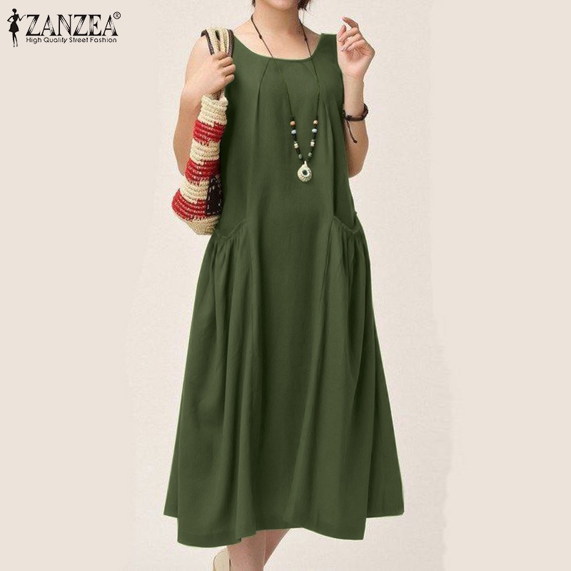 Đầm midi ZANZEA không tay màu trơn thời trang cho nữ