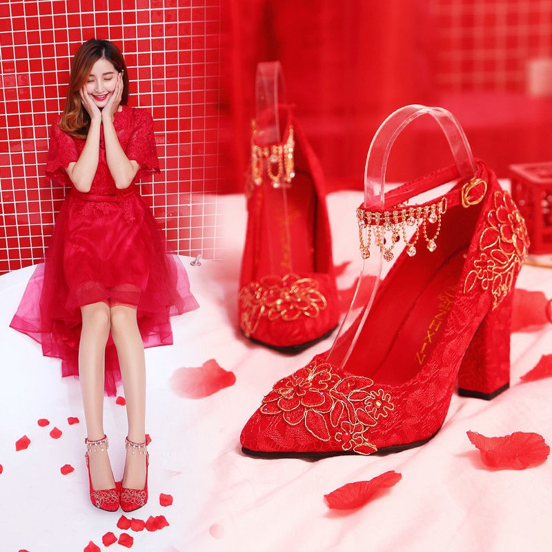 bán hàng trực tiếp tại nhà máy giá đặc biệtgiày cưới nữ 2020 cô dâu cao gót màu đỏ mới Trung Quốc show của Wo1