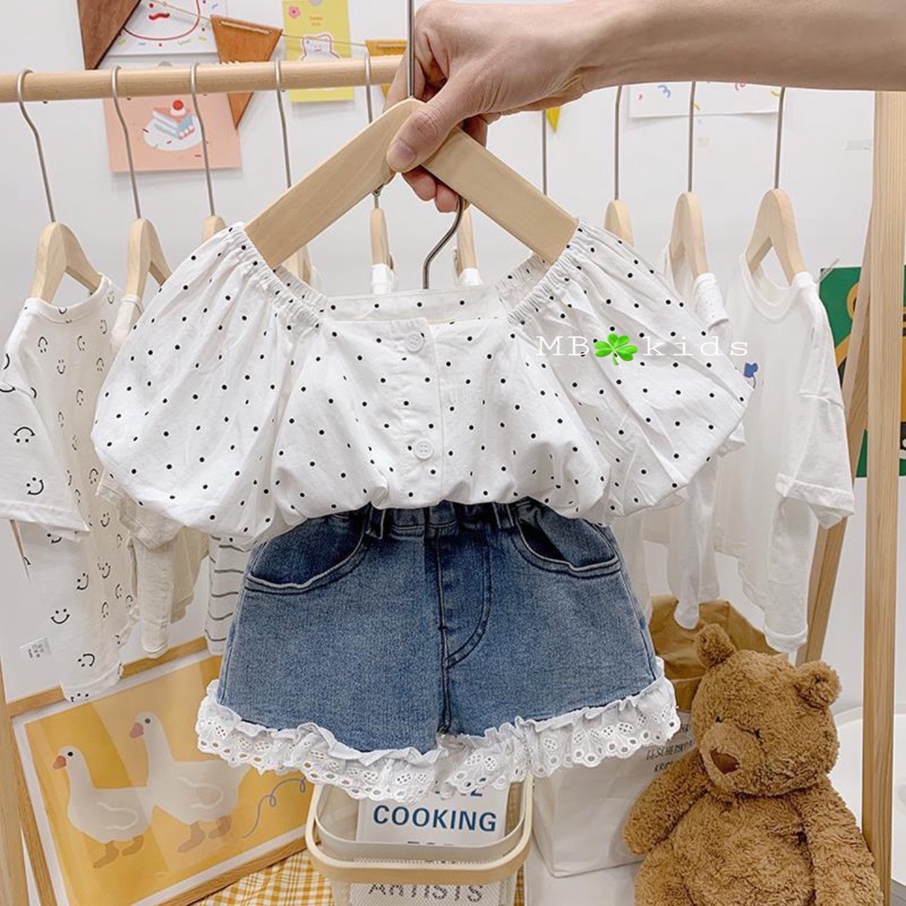 ✓ 8-18kg✓ set bộ bé gái minky mom áo chấm bi + quần jean xinh xắn