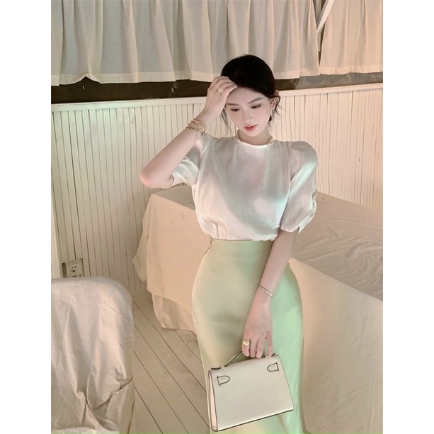 SET LỤA ÁO TAY LỠ + CVAY MIDI XANH