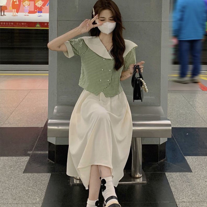Set Áo Sơ Mi Cổ Búp Bê Kèm Chân Váy Caro Thời Trang Nữ  tao bao