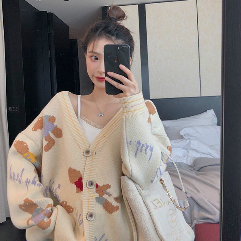 Áo Khoác Cardigan Dệt Kim Cổ Chữ V Dáng Rộng Phong Cách Hàn Quốc Dành Cho Nữ