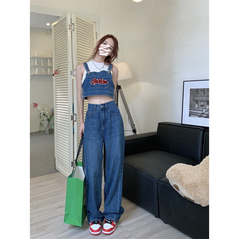 Bộ Áo Denim Không Tay + Quần Ống Rộng Lưng Cao Thời Trang Mùa Hè Dành Cho Nữ