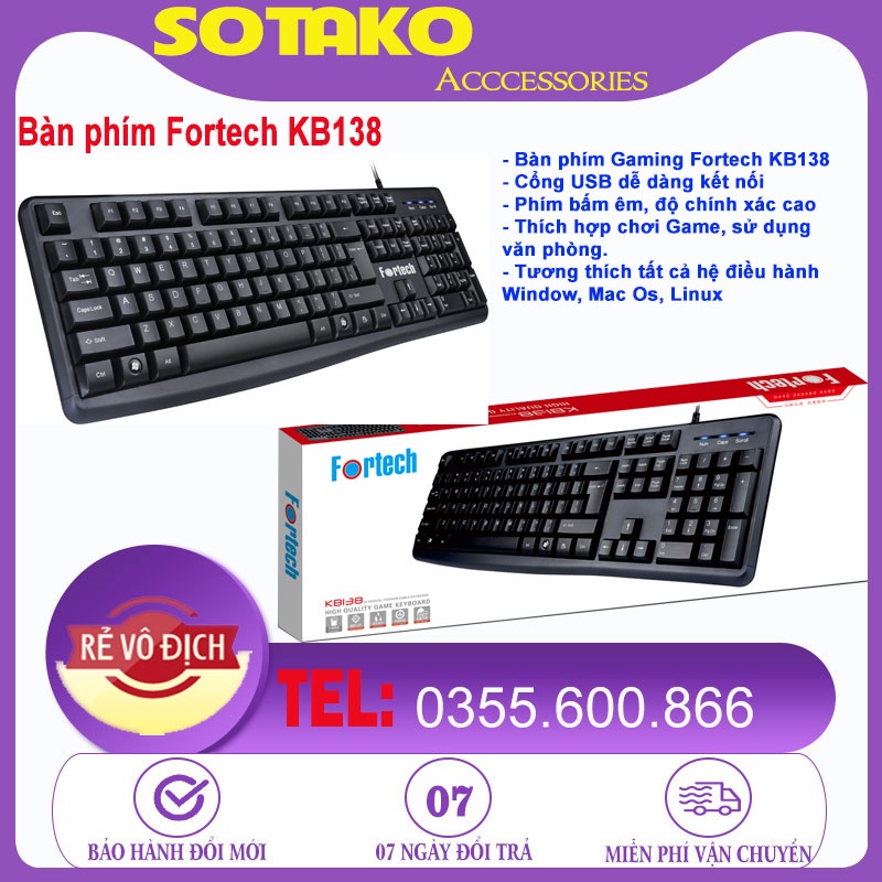 Combo bộ Bàn phím Fortech KB138, Chuột Fortech M138 LED chính hãng, bảo hành 12 tháng lỗi đổi mới