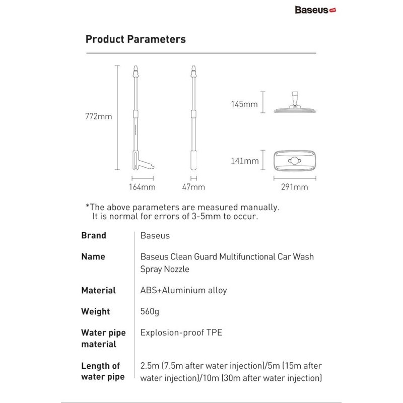 Bộ vòi xịt rửa xe tăng áp và chổi lau xe hơi Baseus Clean Guard Multifunctional Car Wash Spray Nozzle