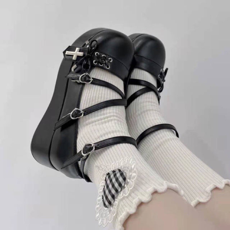 YAS0410-Giày lolita mũi tròn punk gothic chữ thập đan dây