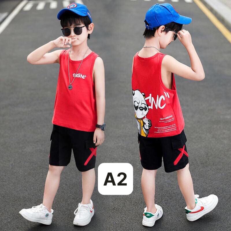 Bộ hè bé trai, ba lỗ đỏ in hình gấu 15-49kg