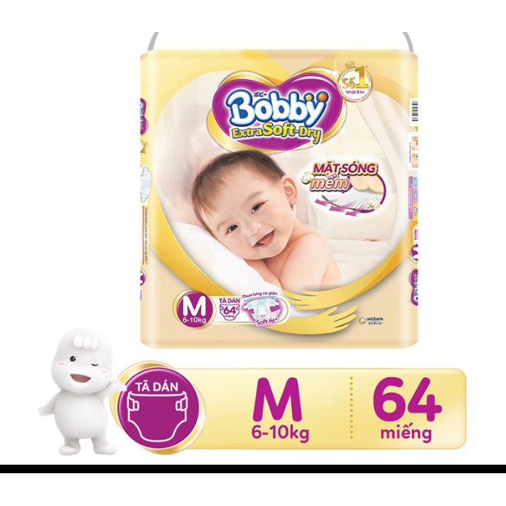 Tã dán cao cấp Bobby Extra Soft Dry S74/M64/L58/XL52