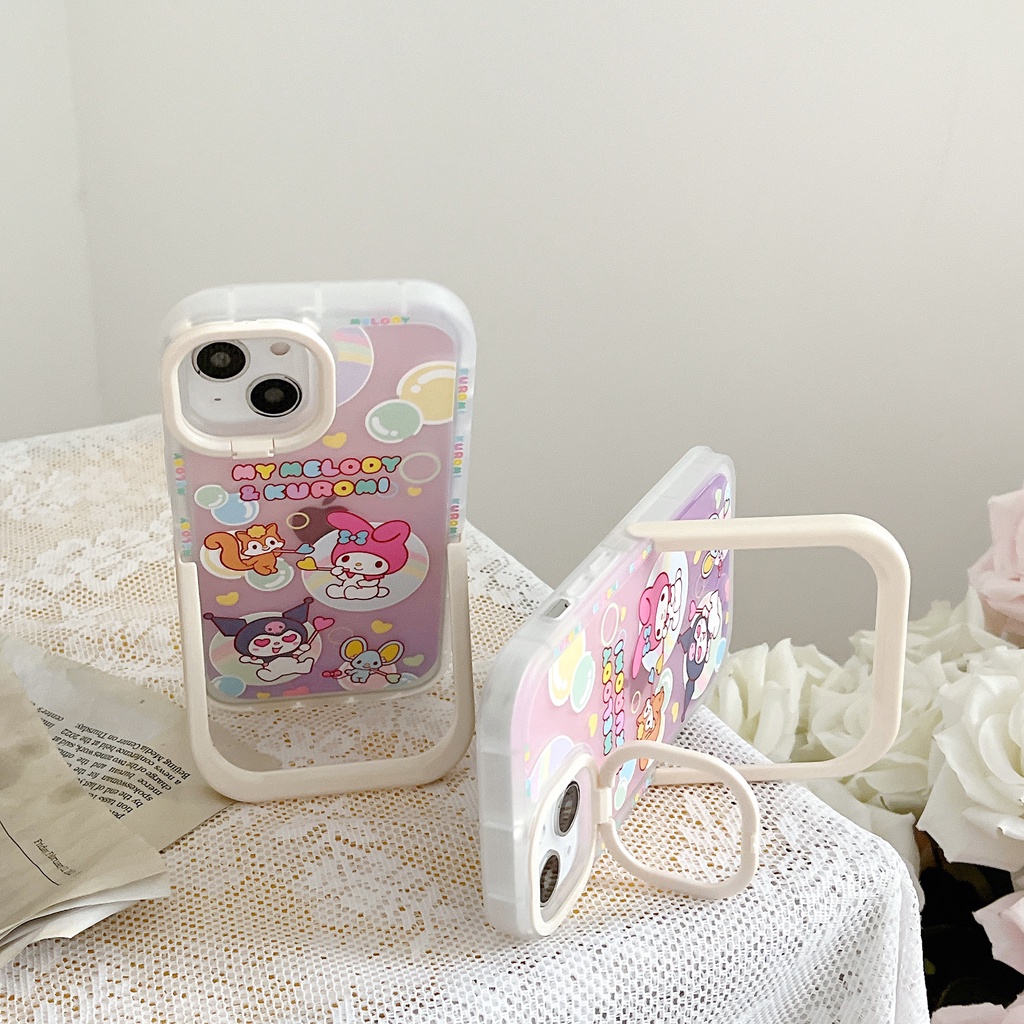 Ốp Điện Thoại Họa Tiết Kuromi and Melody Dễ Thương Chống Sốc Kèm Giá Đỡ Cho Iphone