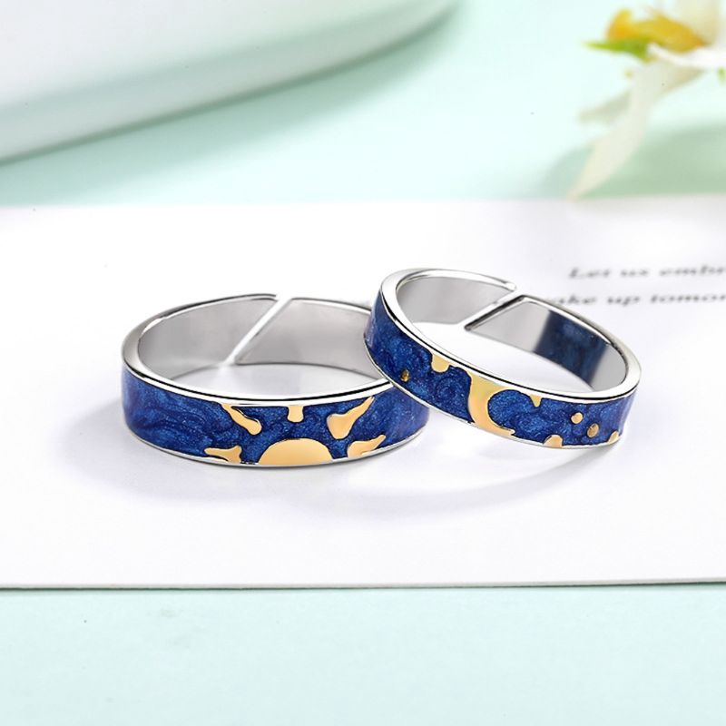 *2Pcs Van Gogh Blue Starry Sky Open Ring Star Moon Always Thinking You Lover Ring
