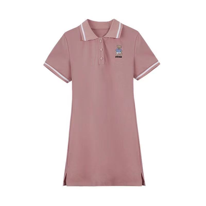 Đầm Thun Polo Tay Ngắn Màu Trơn In Hình Gấu Dễ Thương Thời Trang 2021 Cho Nữ