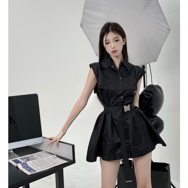 Vét đầm Sơ mi mùa hè Váy dáng đứng khoá kéo màu đen chất trơn trang trí túi đẹp đi làm đi chơi đang hot DV001 mới