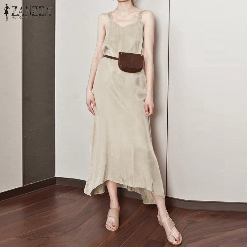 Đầm Dài ZANZEA Dáng Rộng Không Tay Cổ Chữ V Vải Cotton Màu Trơn Cho Nữ | BigBuy360 - bigbuy360.vn