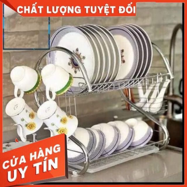 Giá úp bát INOX 2 tầng có khay hứng nước HÀNG L1 DÀY DẶN