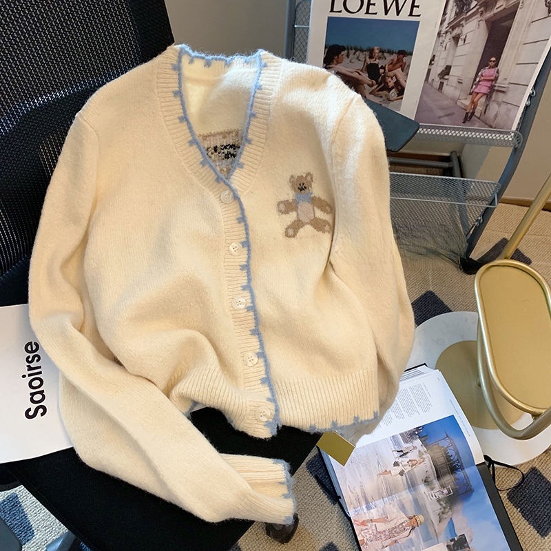 Áo cardigan Dệt Kim Mềm Mại Màu Tương Phản In Hình Gấu Phong Cách Lười Mùa Thu Mới Cho Nữ