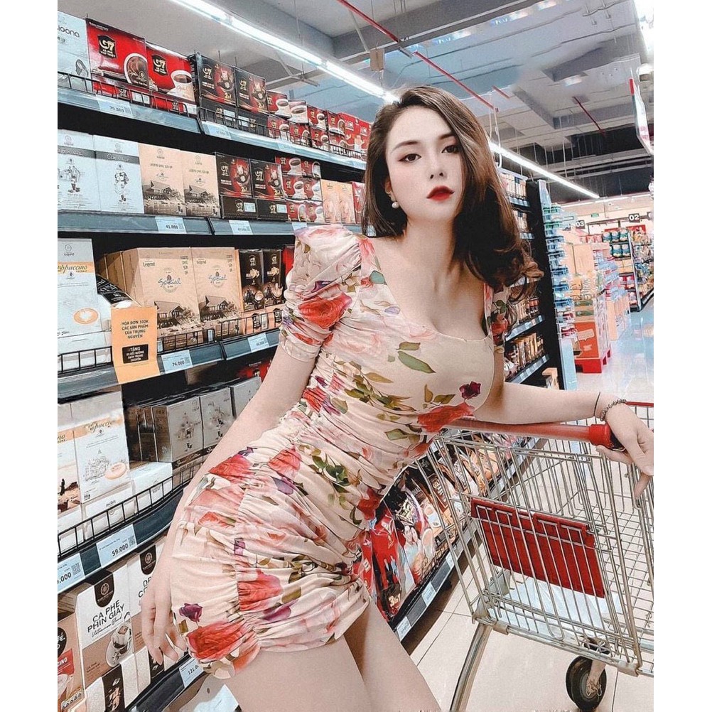 [Đầm Mới] Đầm Ôm Body Nhún Tay Con In 3D Thời Trang Nữ Sam Closet Free Size 40-55kg