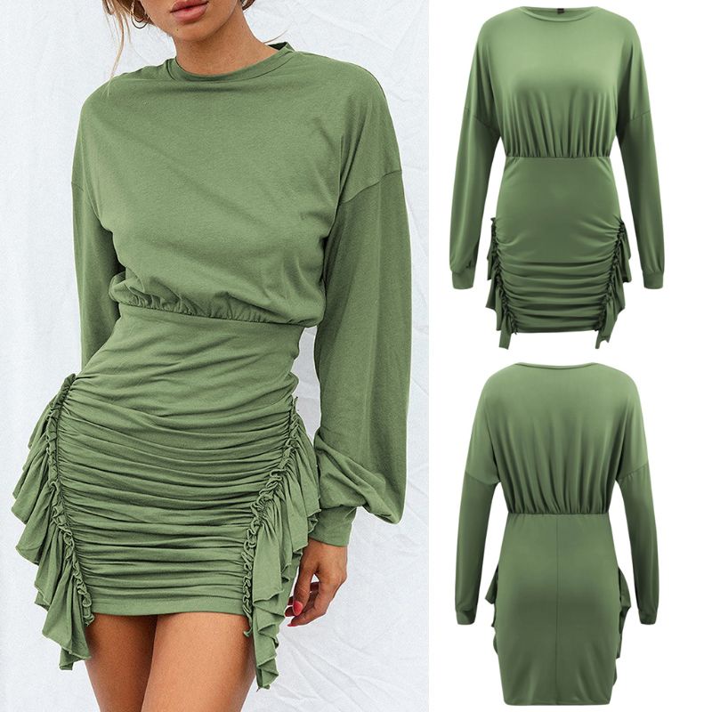 Xiangbao Đầm Ngắn Ôm Dáng Tay Cánh Dơi Dài Cổ Tròn Gợi Cảm Cho Nữ