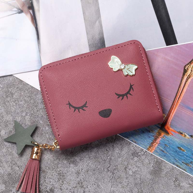 Ví Ngắn Gấp Gọn Phối Khóa Kéo Và Tua Rua Dễ Thương Dành Cho Nữ