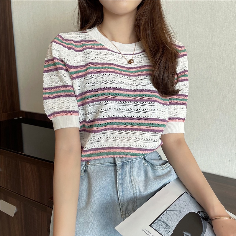 Áo Sweater Dệt Kim Tay Ngắn Cổ Tròn Họa Tiết Kẻ Sọc Màu Tím Phong Cách Cổ Điển Thời Trang Mùa Hè Mới Cho Nữ