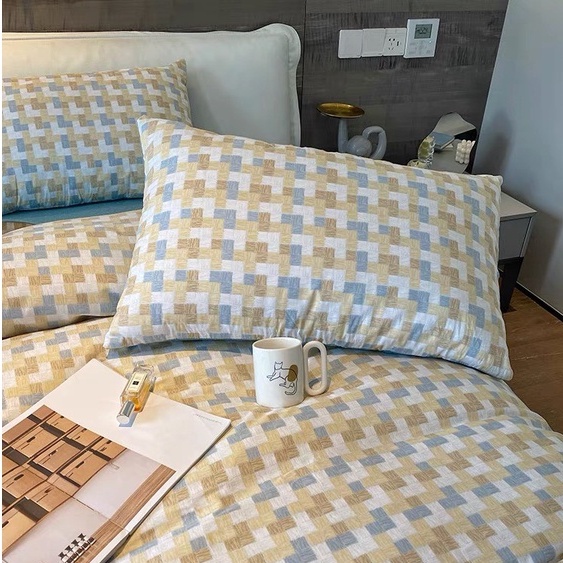 Bộ chăn ga gối cotton organic nhập khẩu kẻ vàng ga xanh Dreamhome