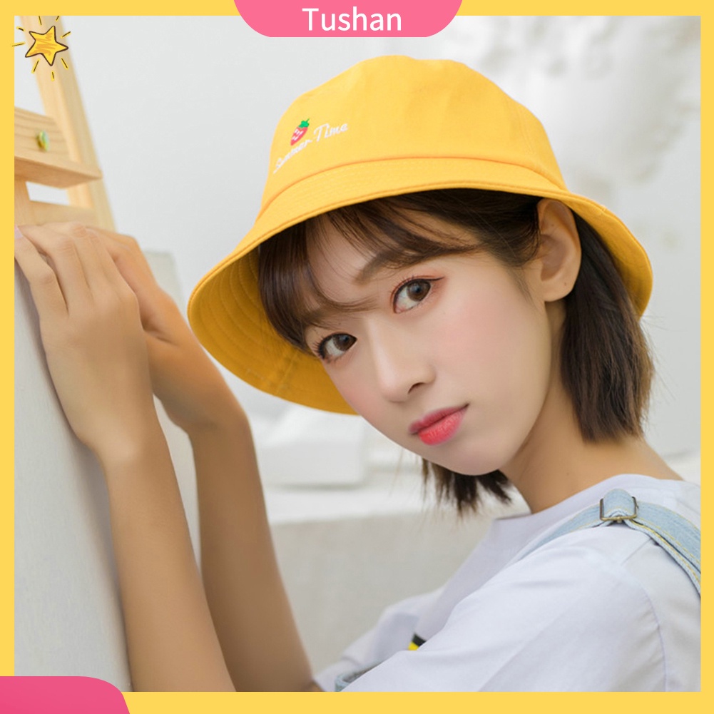Mũ vành nhỏ vải cotton thoáng mát thêu chữ và hình quả dâu thời trang