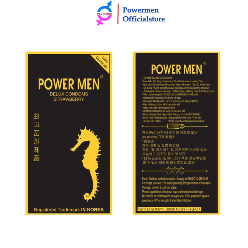 Bao cao su gân gai tăng khoái cảm hương dâu POWERMEN STRAWBERRY chứa 9,6% Benzocain chống xuất tinh sớm hộp 09 chiếc