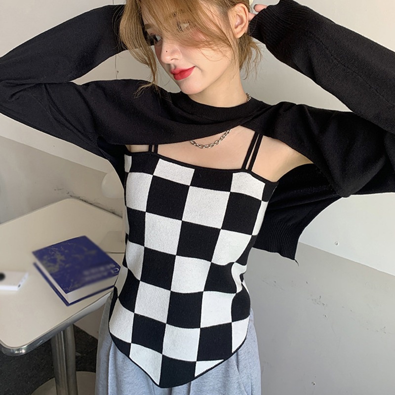 Áo hai dây dệt kim họa tiết sọc caro thiết kế độc đáo thời trang quyến rũ cho nữ