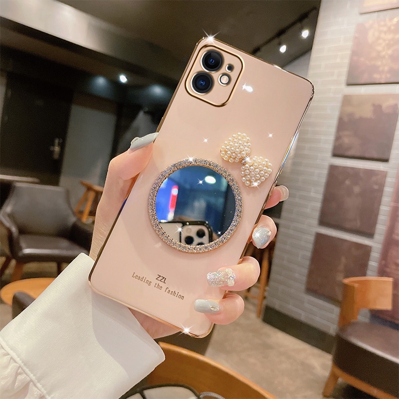Ốp Điện Thoại Mềm Tráng Gương Trang Điểm Đính Nơ Thời Trang Cho OPPO A95 A54 A16 A15 A74 A94 A53 A3S A5S A7 A12 A52 A92