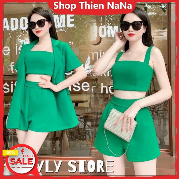 [Sales FreeShip] Set 3 Món Áo 2 Dây Chân Váy Và Áo Khoác / Set 3 Món Gồm Áo Khoác Vest Tay Ngắn Kèm Áo 2 Dây Trơn