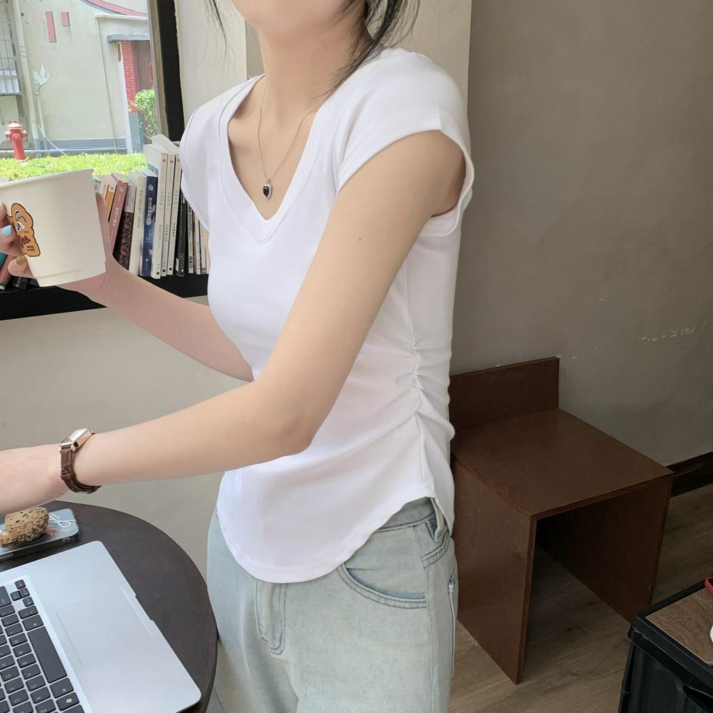 Xiaozhainv Áo Thun Tay Ngắn Cổ Chữ V Màu Trơn Dáng Ôm Thời Trang Mùa Hè Cho Nữ