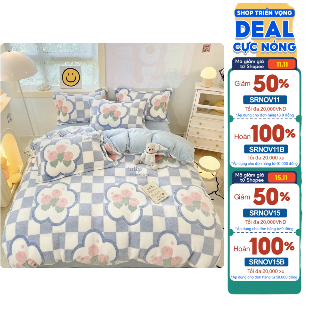 Bộ Chăn Ga Gối Nỉ Nhung 3D Mềm Mịn, Bộ Chăn Ga Gối Nỉ Tuyết Sữa Cao Cấp Loại 1 SHOP CHIẾU CAO SU