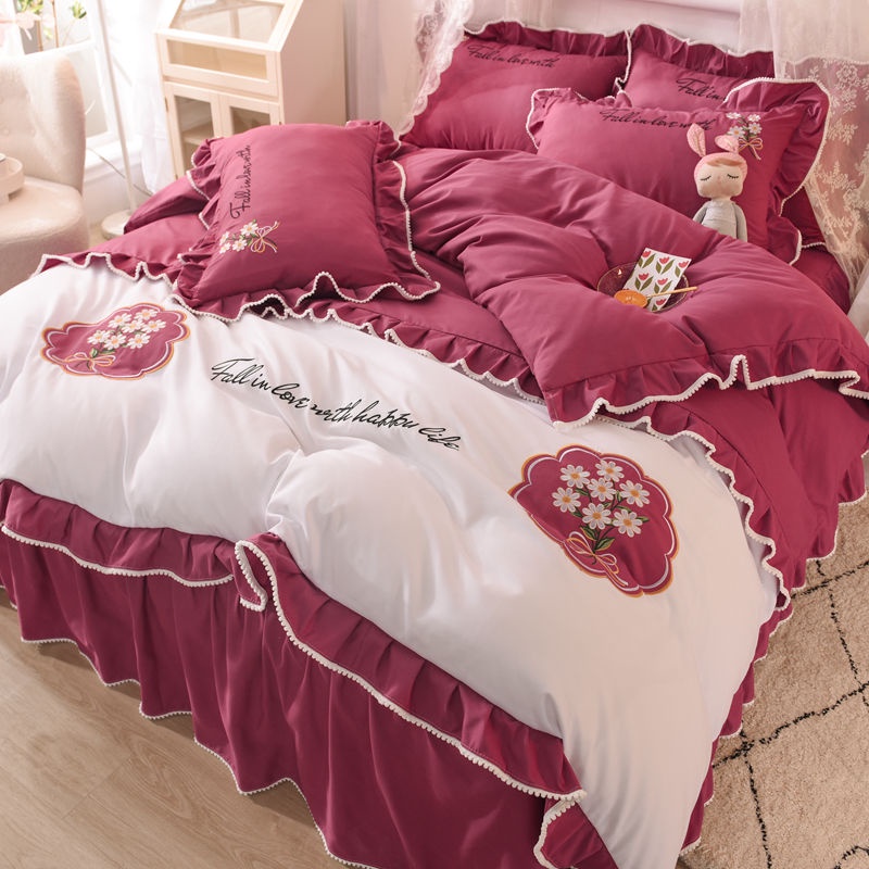 Korean princess style four seasons cotton bed skirt four piece set net red embroidered quilt cover lace bedspread sheet fitted sheet bedspread