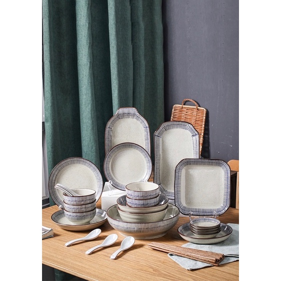 Bộ bát đĩa sọc xanh phong cách Nhật Bản, bát đĩa decor