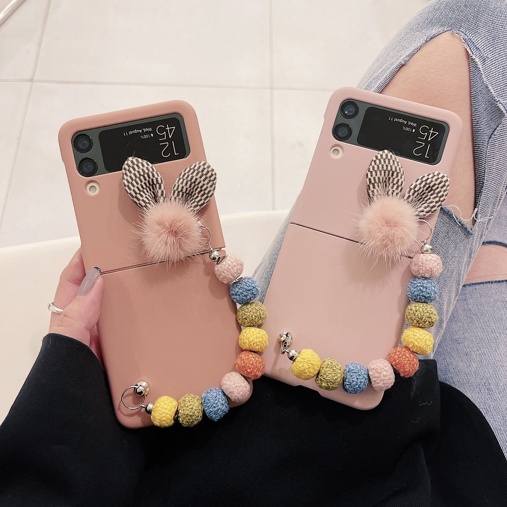 Ốp điện thoại PC cứng nắp lật chống sốc có dây đeo tay hình tai thỏ thời trang cho Samsung Galaxy Z Flip 3 5G ZFlip3