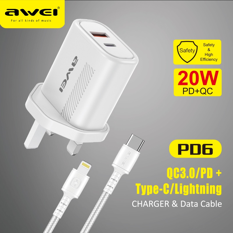 Combo Củ Sạc AWEI PD6 Sạc Siêu Nhanh PD&amp;QC3.0 20W Và Dây Cáp Lightning