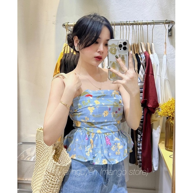 Áo cúp ngực xanh hoa nhí, áo ống phối bèo chun sau hoạ tiết màu xanh đi biển, đi du lịch ( Ảnh thật video )