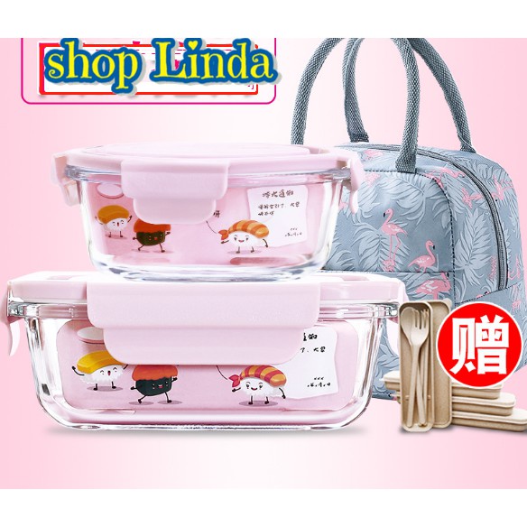 [Tặng túi+đũa thìa] Combo 2 Hộp Đựng Cơm Thủy Tinh Cao Cấp 1000ml 2 ngăn + 1 hộp tròn 660ml | BigBuy360 - bigbuy360.vn