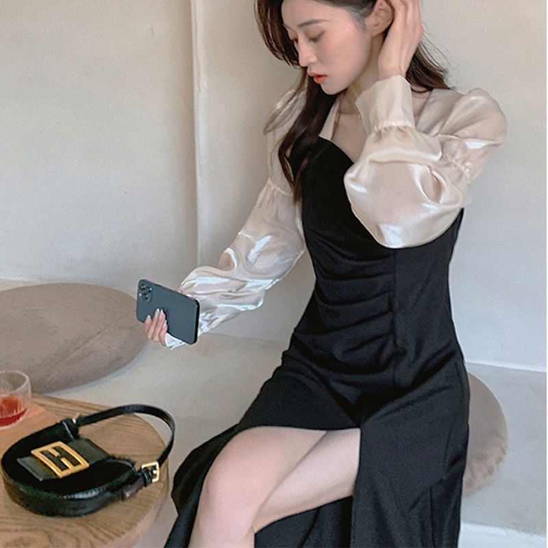 Đầm tay phồng cổ vuông ôm eo size lớn phong cách retro Pháp mới cho nữ