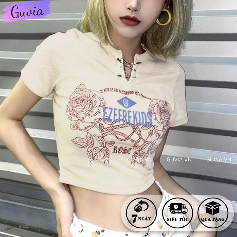Áo Croptop Ôm Body Nữ HOA HỒNG EZEFRE Cổ Xẻ V Tay Ngắn, Áo Thun Croptop Kiểu In Họa Tiết GUVIA CR88